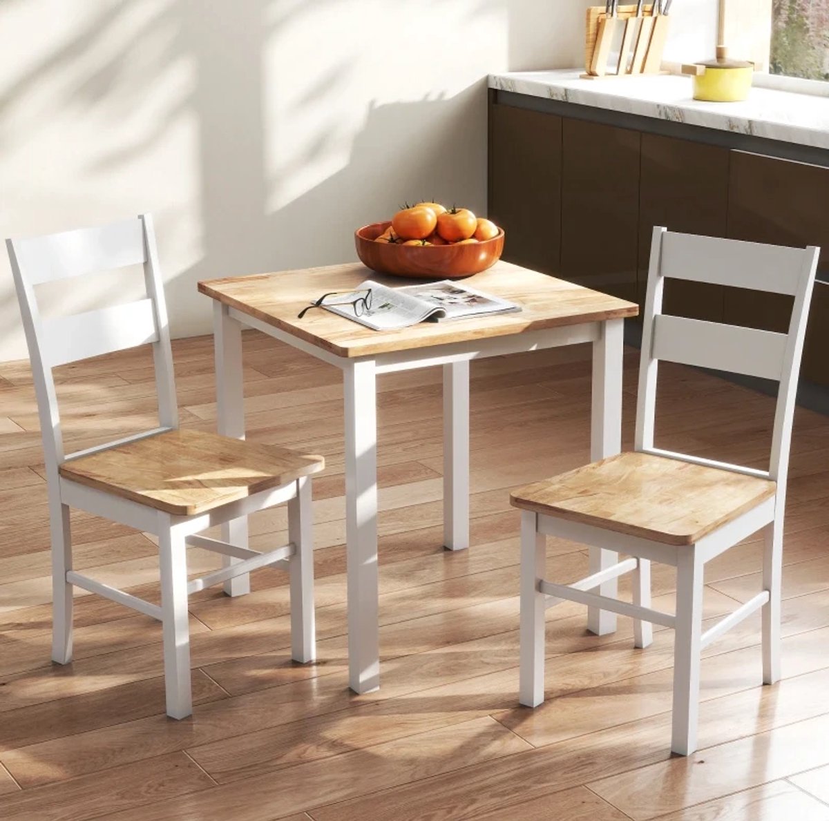 MIVRAY Eetkamerstoel Set Van 2 40 X 50,5 X 88,5 Cm - Houten Zitting Met Gebogen Lamellenrug - Voor Keuken En Eetkamer - Wit En Eiken