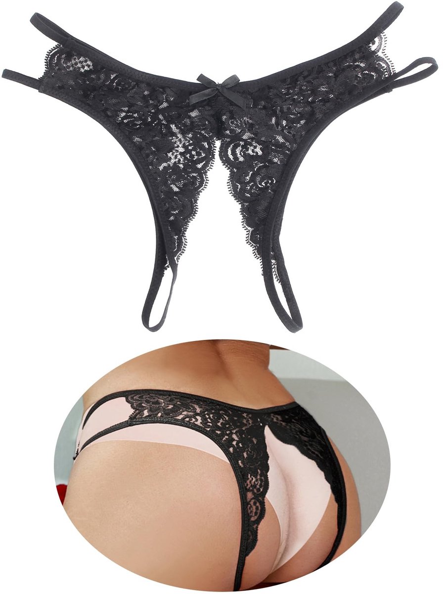 Elzusha - Sexy Lace Thong voor Vrouwen - Zwart - Open Crotch