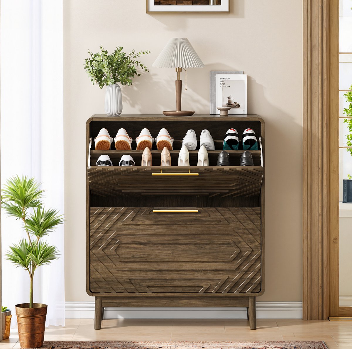 Schoenenkast Vrijstaand Met Twee Kleppen En Open Vak - Walnootkleurig MDF - Voor Hal En Entree - 80 X 24 X 95 Cm