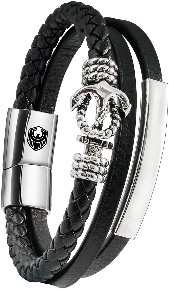 Elzusha - Leren Armband met Anker en Roestvrijstalen Sluiting 18.5CM