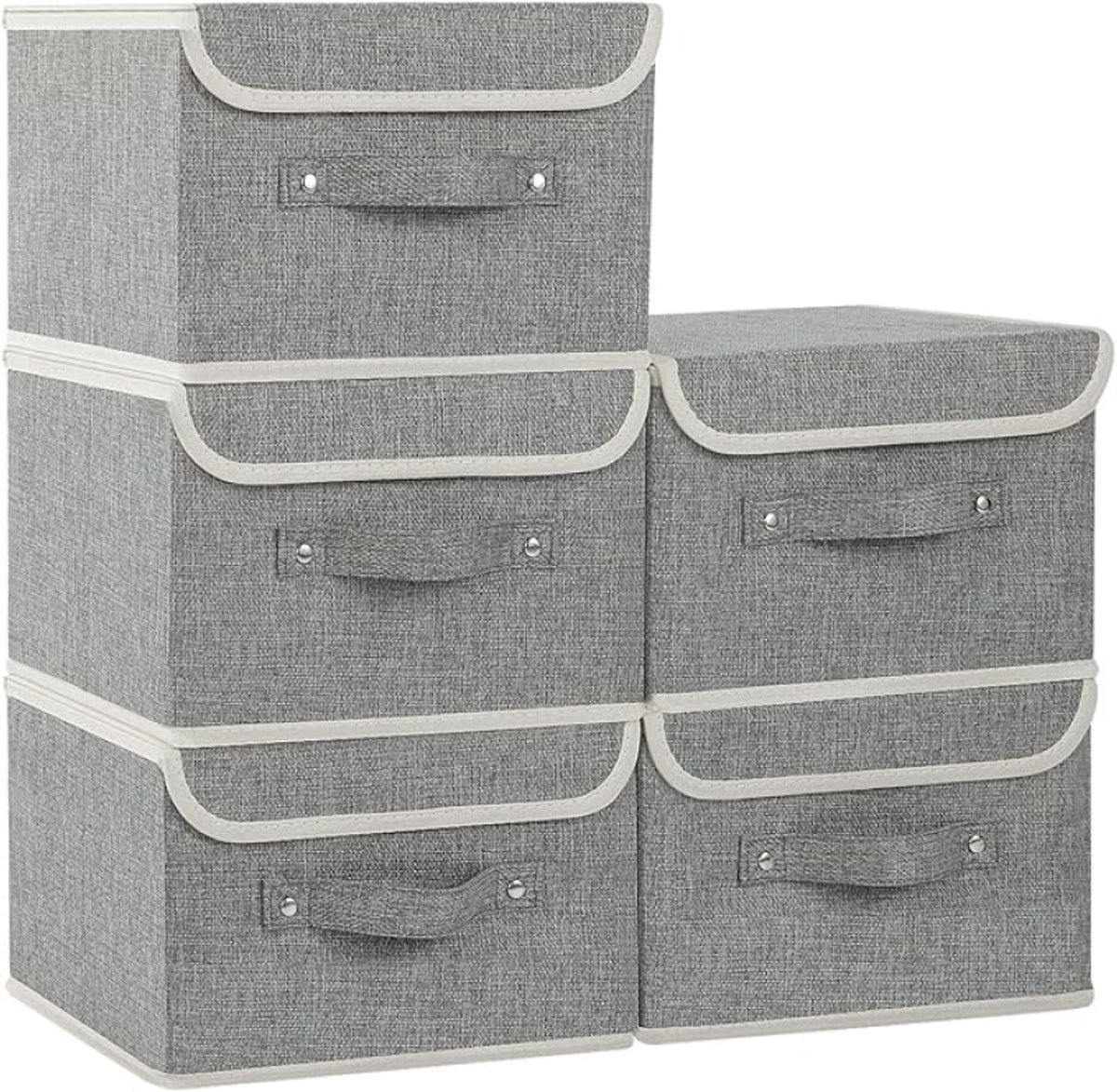 5 Stuks Opvouwbare Opbergdozen met Deksel, Stoffen Opbergkubussen met Handgrepen, voor Kleding, Kantoor en School, 26x20x17 cm, Grijs