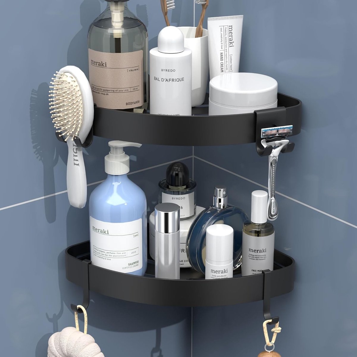 Hoekdoucheplank zonder boren, zwarte doucheplank met roestbescherming, shampoo- en zeephouder met 4 haken, eenvoudig te monteren, ideaal voor badkamerorganisatie