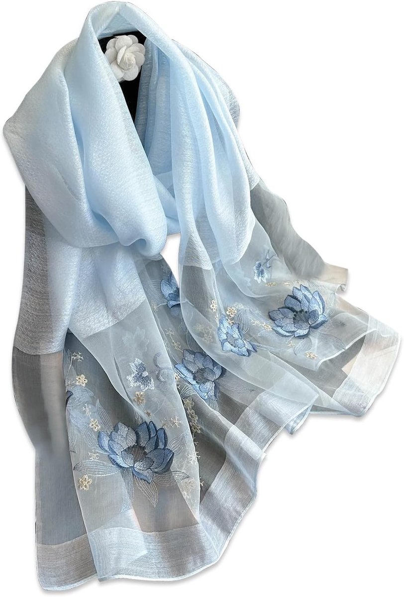 Zijdeachtige Chiffon Sjaal voor Vrouwen met Delicate Rozen Borduursels en Transparante Tulle - Lichtgewicht en Zacht Neckerchief voor Zomer en Lente, Sky Blue, One Size