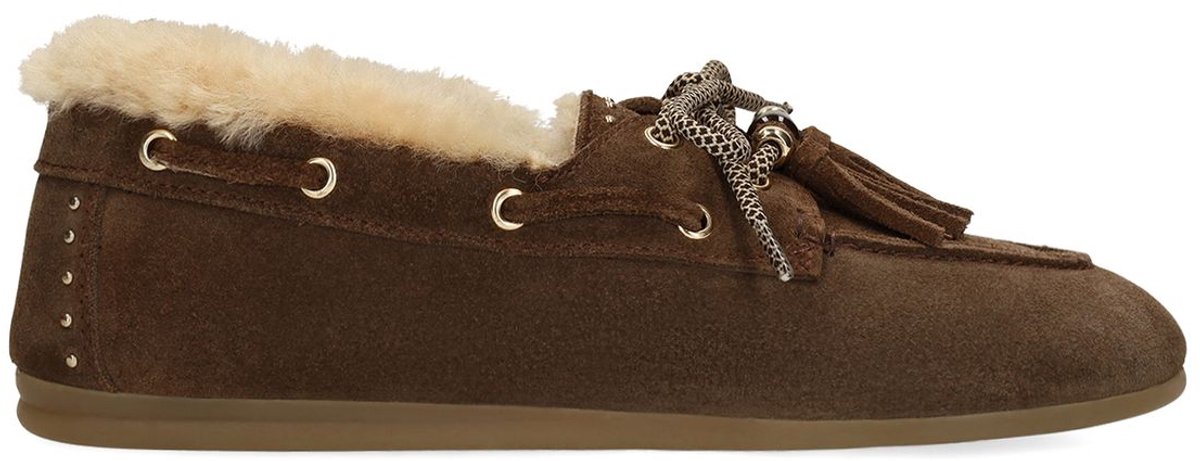 Manfield - Dames - Bruine leren bootschoenen met bontvoering - Maat 36