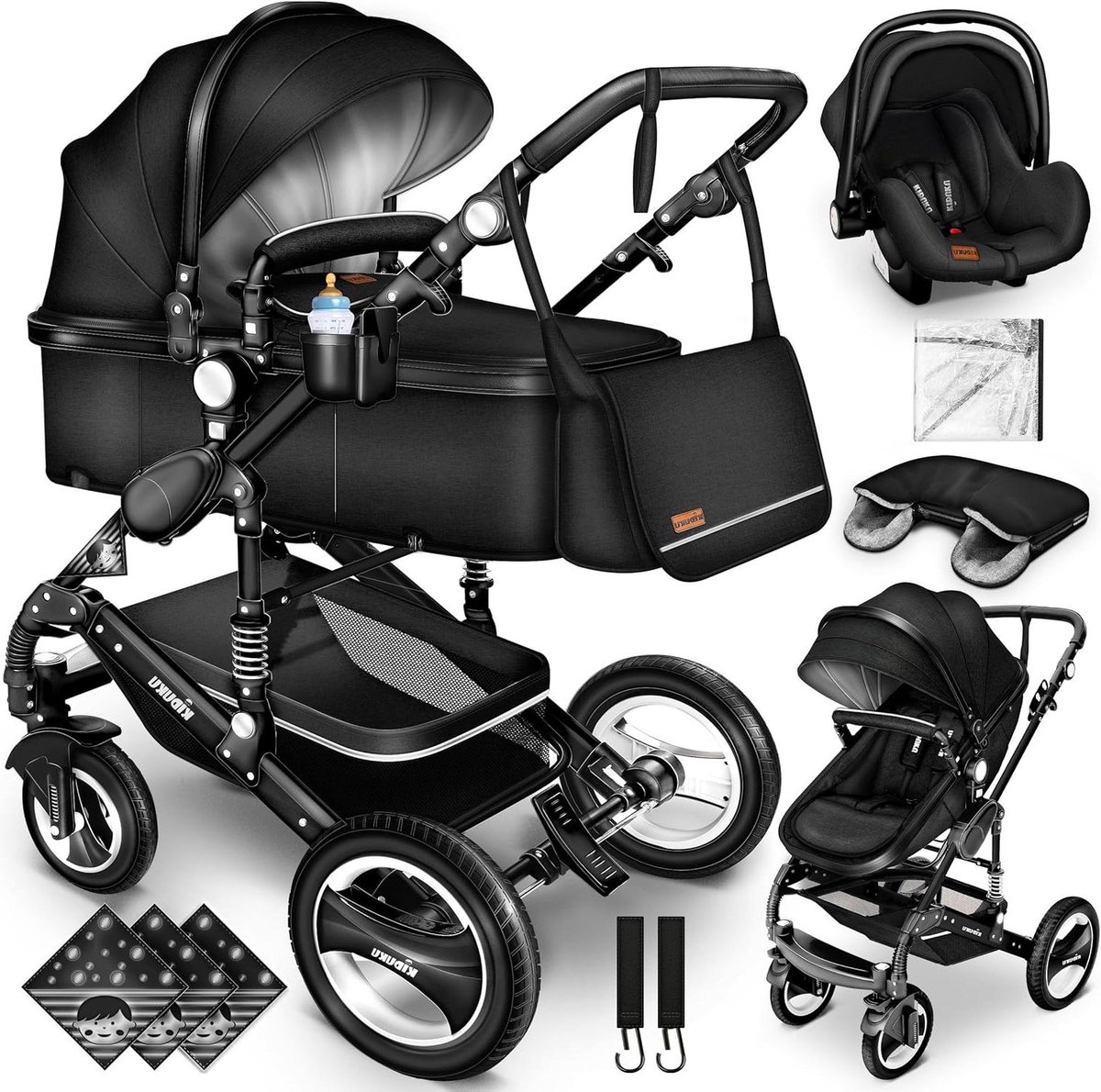 Kinderwagen Complete Set - Combi Wandelwagen - Baby Vervoer - 3-in-1 Functionaliteit - 87 x 65 x 112 cm - Zwart