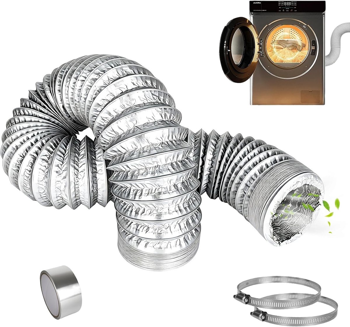 Flexibele afvoerslang 100 mm, 2,5 m lang, PVC met roestvrijstalen slangklemmen en tape voor airconditioning, afzuigkap en wasdroger