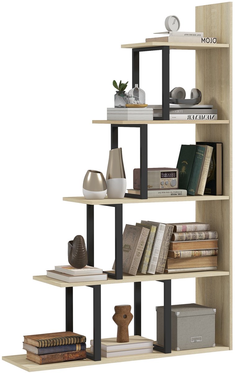 Industriële stijl trapsgewijze boekenkast/kamerverdeler met 5 planken, 102 x 30 x 160 cm, eikenhout | Ruimteverdeler, trap, 5 planken, eikenkleur