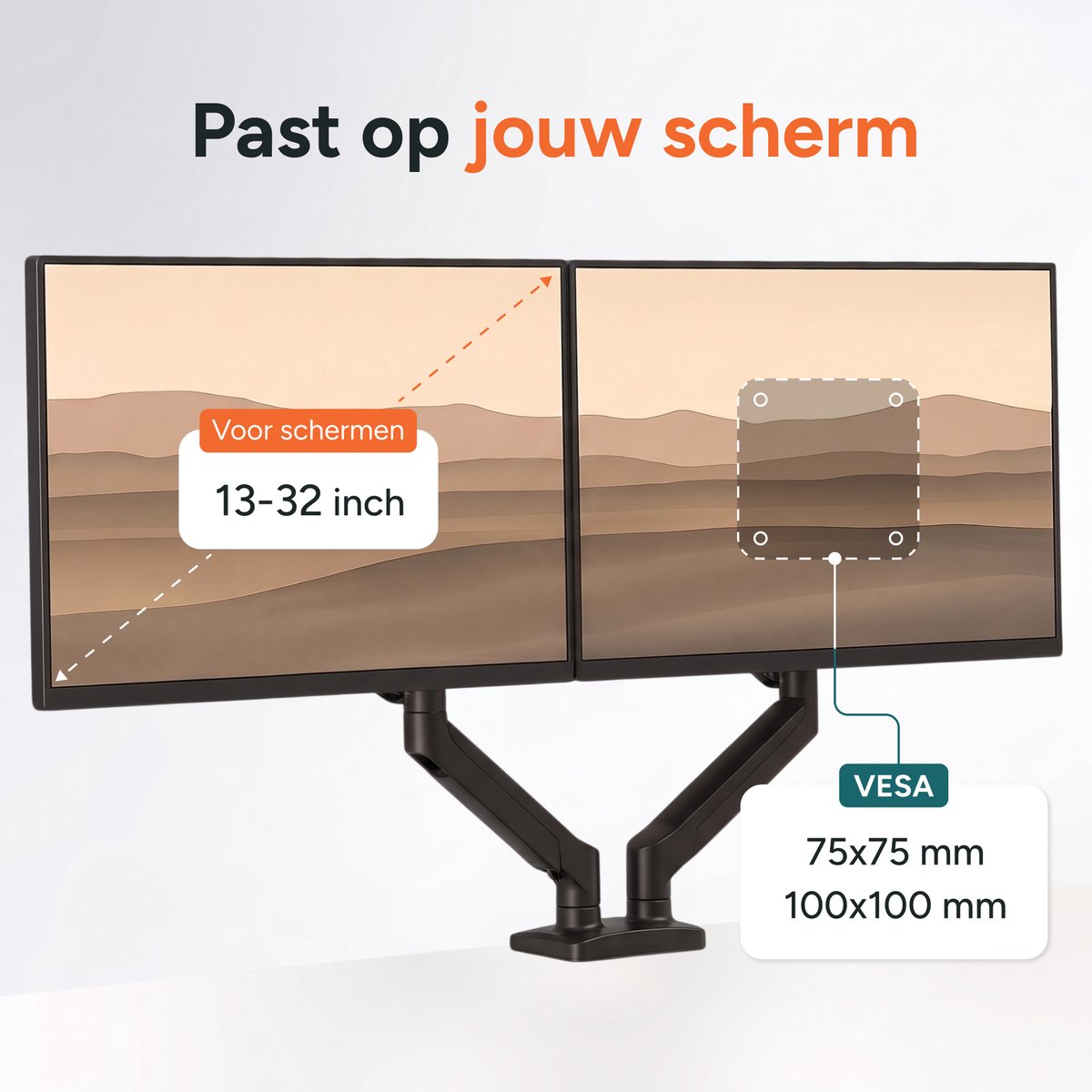 Skoov Monitor Arm met gasveer - Voor 13-32 Inch - 2 schermen - Beugel - Monitor - Stand - Houder - Steun - Extra stabiel - Zwart thumbnail 3