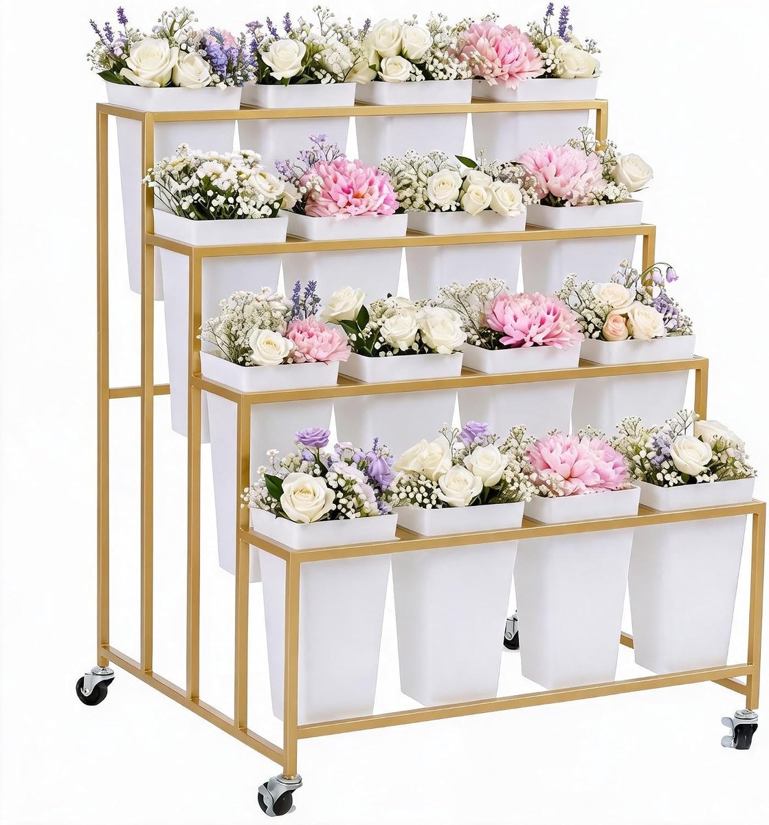 4‑laags bloemenwagen voor bloemist, goud metalen displayrek met 16 bloembakken, wielen voor bloemenwinkel, bruiloft, terrasdecoratie