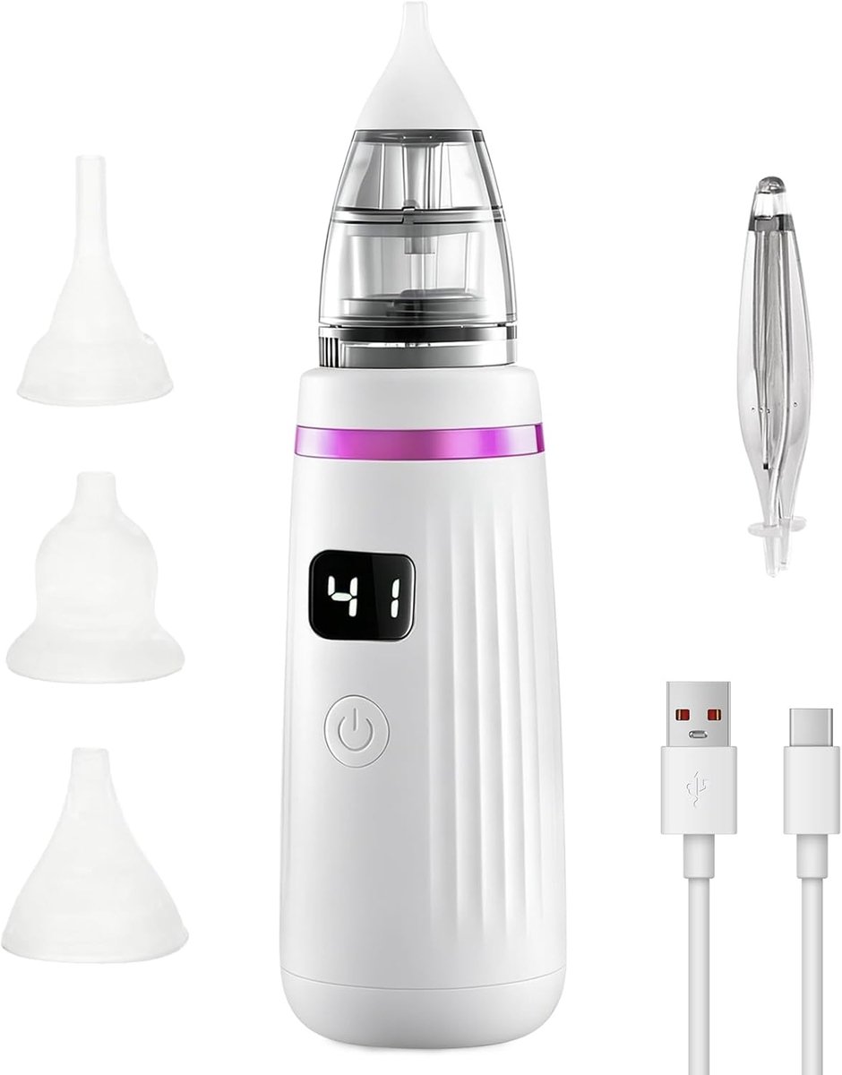 Elektrische Baby-neusreiniger – Neusaspirator voor Baby – Elektrische Neusaspirator voor Baby – met 5 Zuigstanden en 3 Neusstukken voor Pasgeborenen