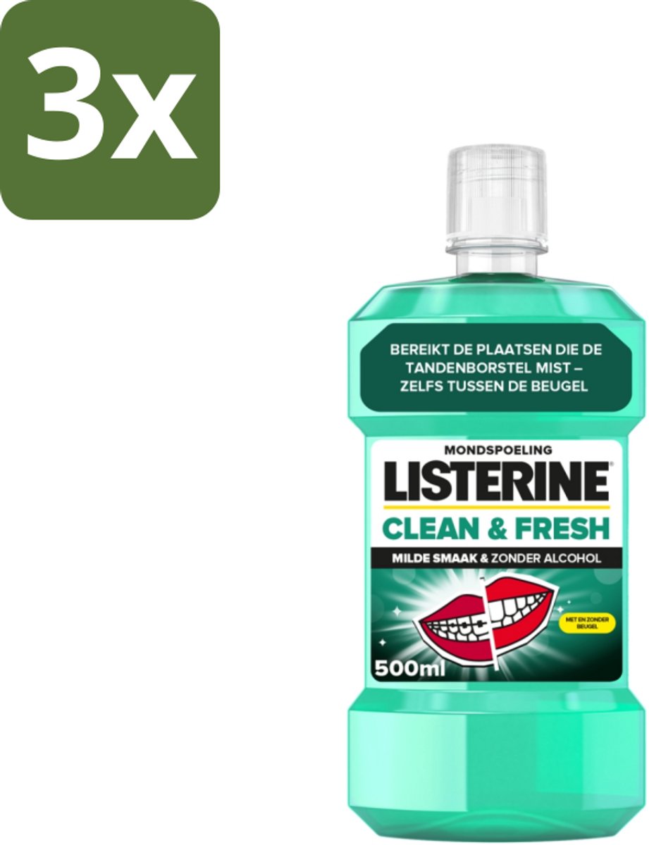 3 x Listerine - Mondwater - Clean & Fresh - Zonder Alcohol - 500 ml - Mondspoeling - Mondwater - Tandplak - Bacteriën - Beugel