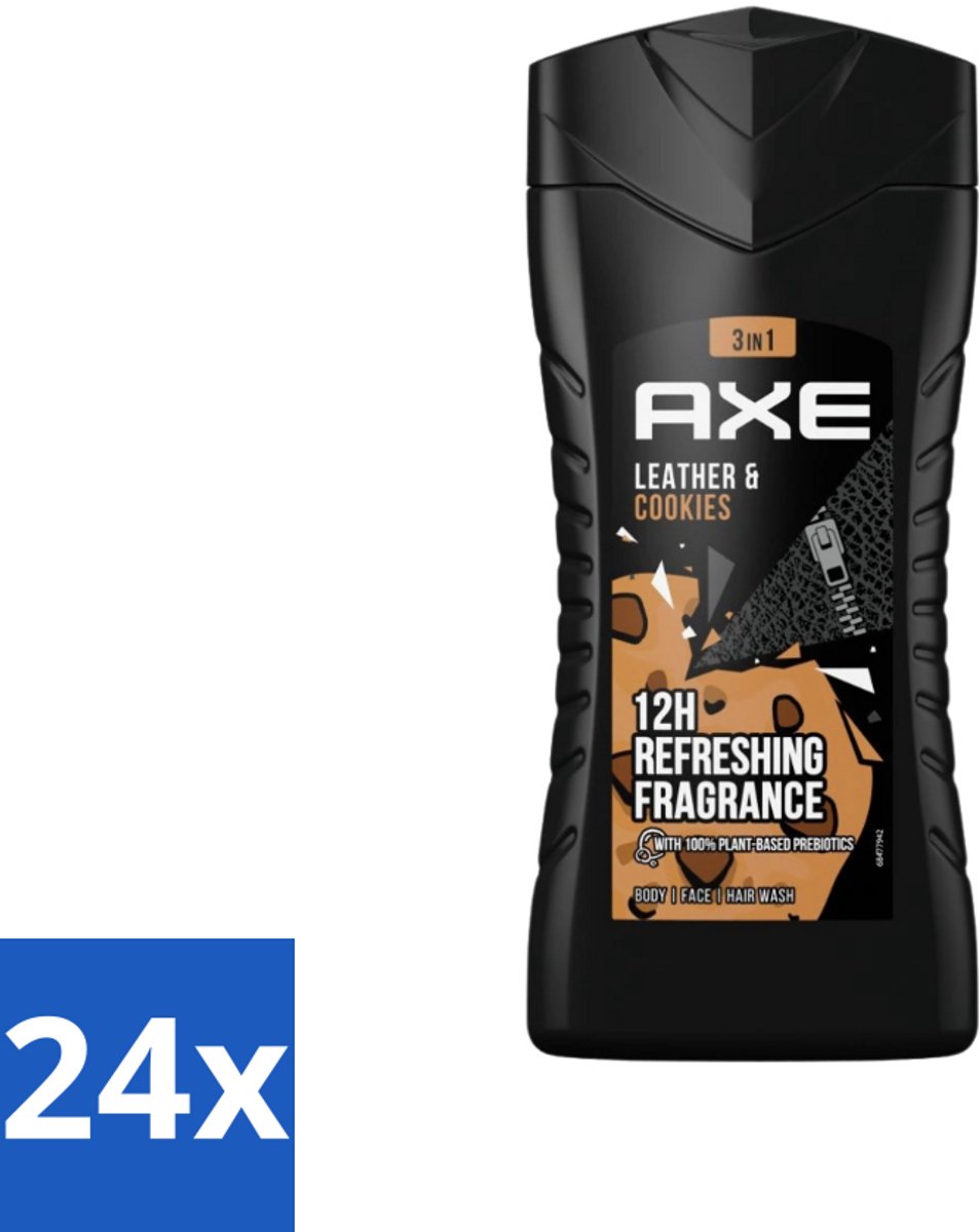 24 x Axe - 3-in-1 Douchegel - Leather & Cookies - 100% Plantaardig - 250 ml - Douchegel - Geur - Lichaam - Gezicht - Haar