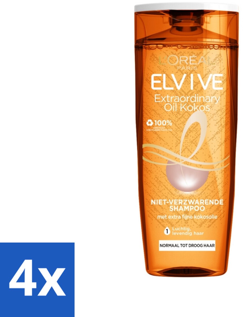 4 x L'Oréal Paris Elvive - Shampoo - Extraordinary Oil - Kokosolie - Voor Droog Haar - 250 ml - Droog Haar - Kokosolie Shampoo - Fijne Kokosolie - Siliconenvrije Shampoo - Voedend Shampoo