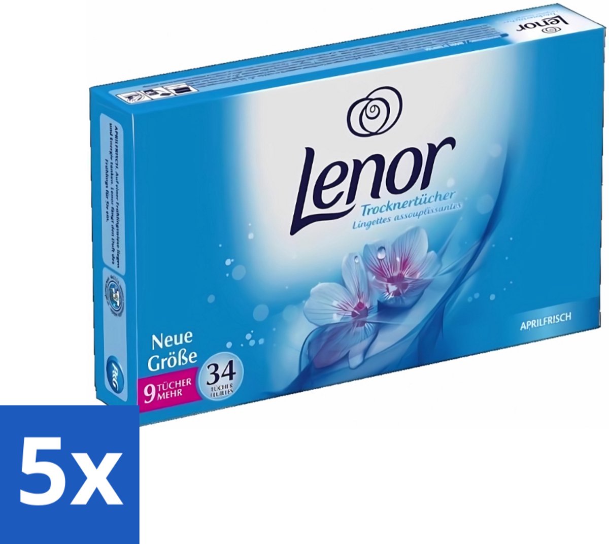 5 x Lenor - Droogtrommeldoekjes - Aprilfris - Textielverfrisser - 34 Doekjes - Droogtrommeldoekjes - Wasdoekjes - Textielverfrisser - Frisheid - Statische Elektriciteit
