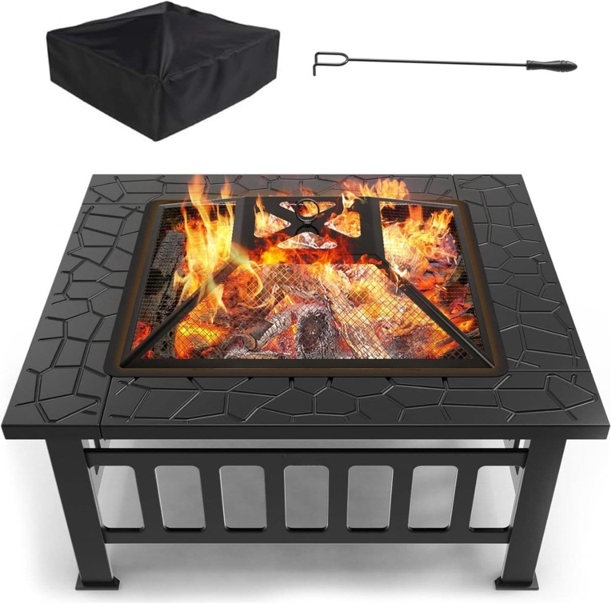 Klarven® Vuurkorf met Vonkenscherm Zwart - Vuurkorf voor Buiten - Stevige Metalen Constructie, Veilig Genieten - B 81 x D 81 x H 45 cm