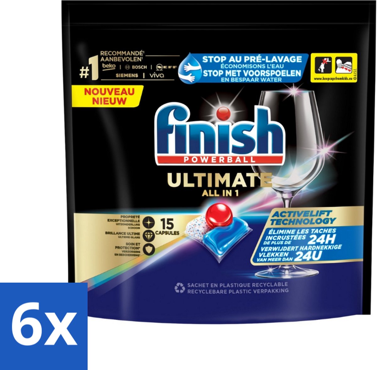 6 x Finish Powerball - Ultimate All in 1 - Vaatwastabletten - Activelift - 15 Capsules - Vaatwastabletten - Vaatwassertabletten - Finish Quantum - Activelift - Glans