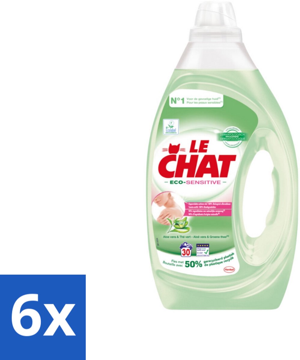 6 x Le Chat Eco-Sensitive - Vloeibaar Wasmiddel - Witte en Gekleurde Was - Aloë Vera & Groene Thee - 30 Wasbeurten - Wasmiddel - Ecologisch - Biologisch - Gevoelige Huid - Vloeibaar