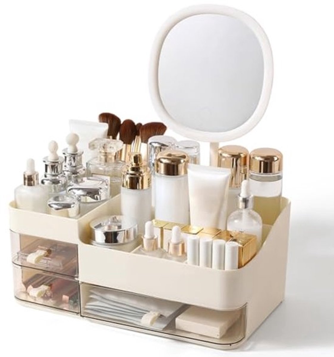 Make-up organizer met oplaadbare spiegel en 3 laden voor huidverzorging en cosmetica