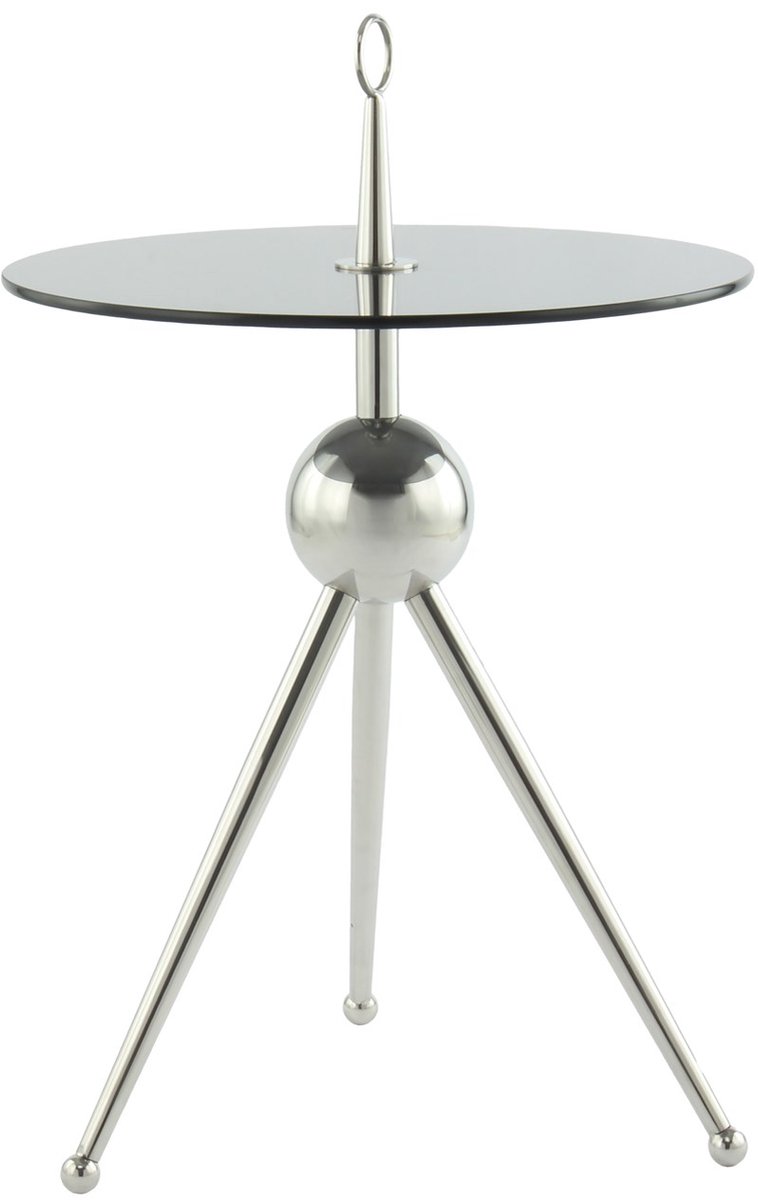 Padiro ronde bijzettafel Ø 46 x 70 cm - zilver en grijs - Modern Art-Déco Glamour Look - gehard glazen tafelblad - roestvrij staal onderstel
