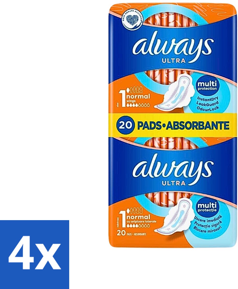4 x Always Ultra - Maandverband - Met Vleugels - Duo Verpakking - 20 Maandverbandjes - Maandverband - Maandverband Met Vleugels - Always Ultra - Incontinentie - Hygiëne