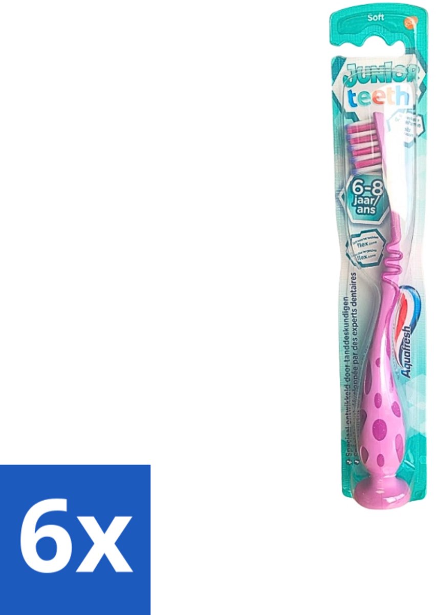 6 x Aquafresh - Junior Teeth Tandenborstel - 6-8 Jaar - Cool Ontwerp - 1 Stuk - Tandenborstel Voor Kinderen - Tandenborstel 6-8 Jaar - Kinder Tandenborstel - Tandenpoetsen - Aquafresh