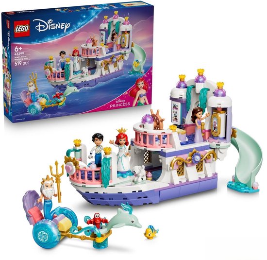 LEGO Disney Princess, Ariëls Koninklijke Trouwboot met figuren, boot met paarse en witte details, 519 onderdelen.