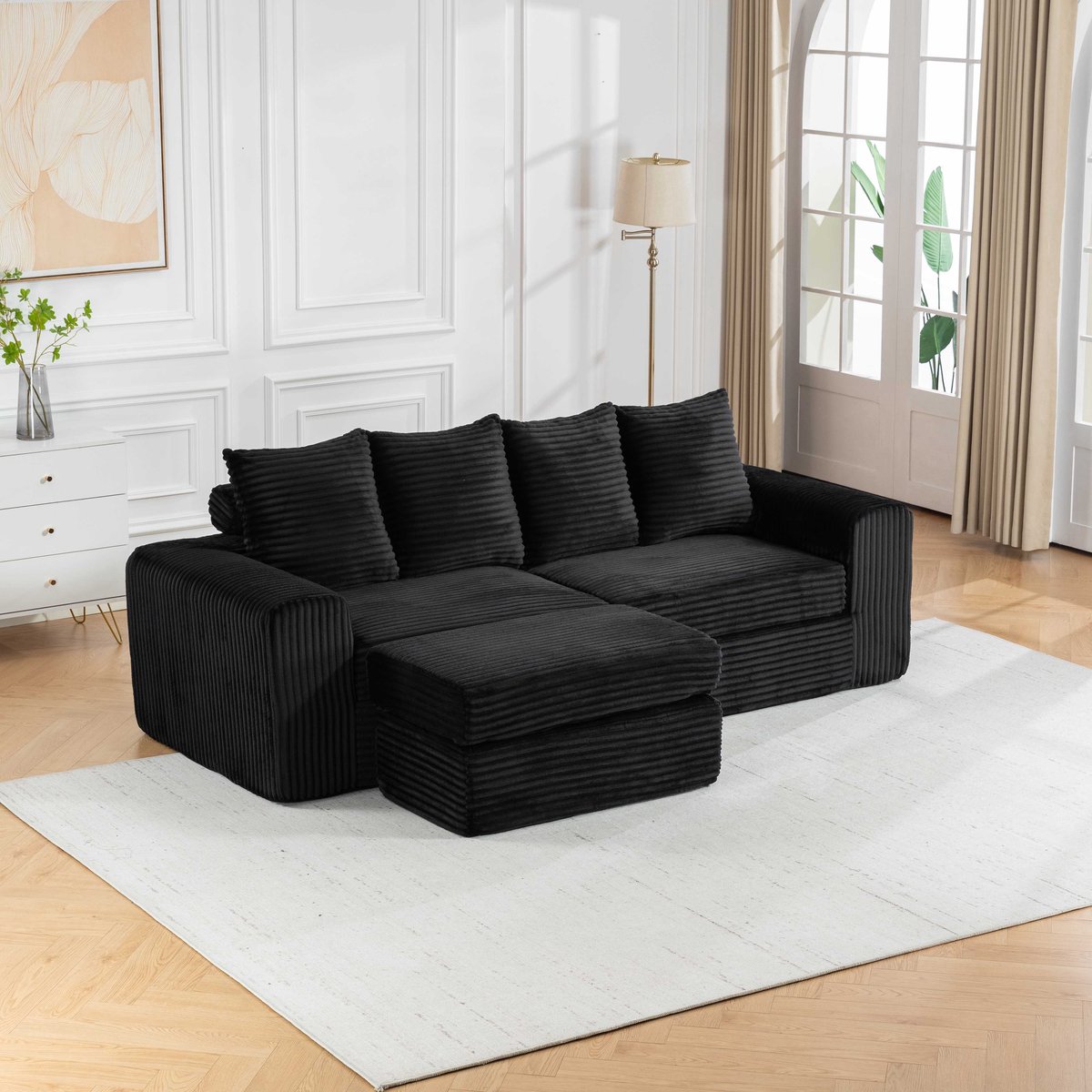 Multifunctionele Loungebank - 2–3-zits - Met Losse Voetenbank - Breed Ribcord - Diepe Lounge-zit - Modulaire Rugkussens - Geen Montage - Voor Kleine Woonkamers - Zwart