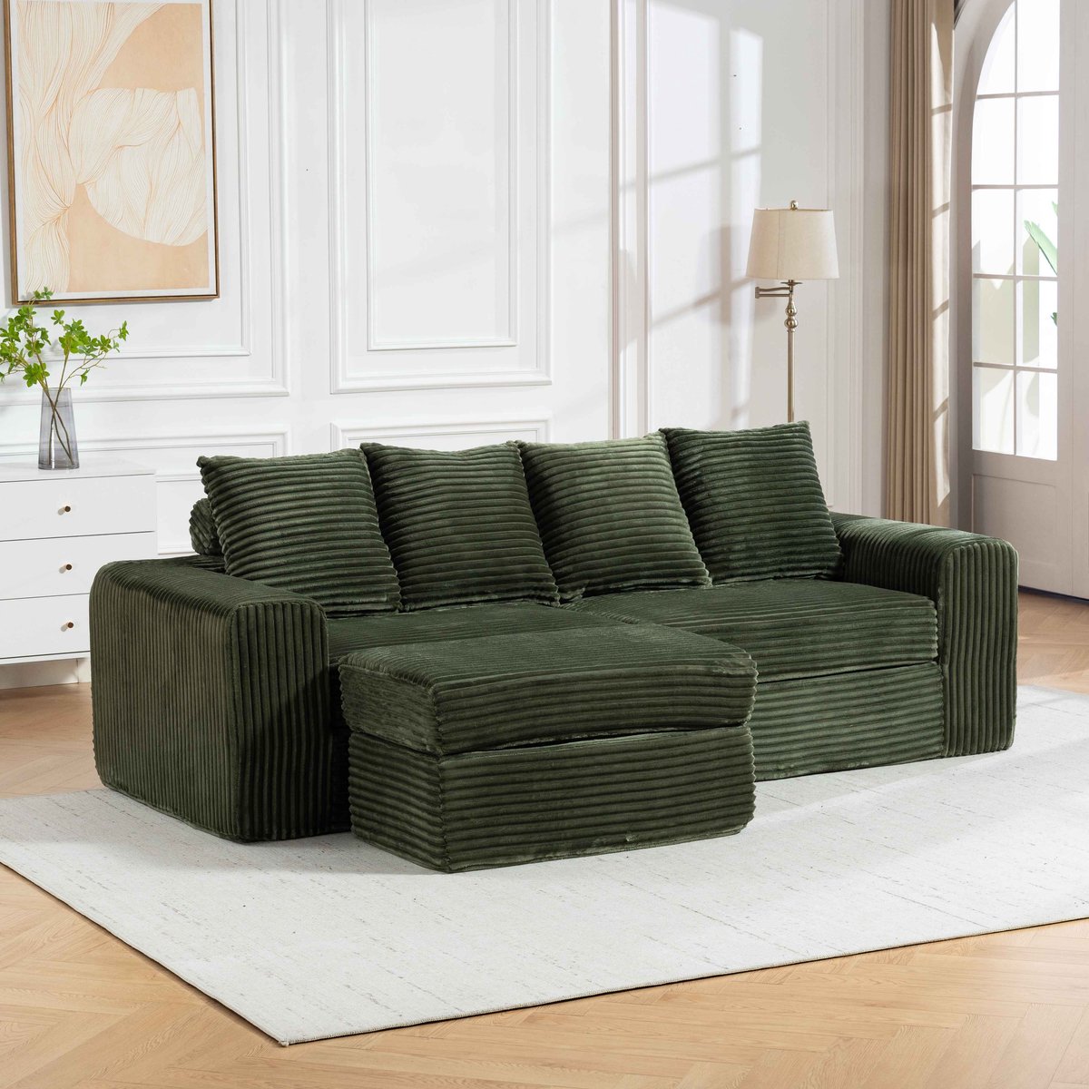 Multifunctionele Loungebank - 2–3-zits - Met Losse Voetenbank - Breed Ribcord - Diepe Lounge-zit - Modulaire Rugkussens - Geen Montage - Voor Kleine Woonkamers - Groen