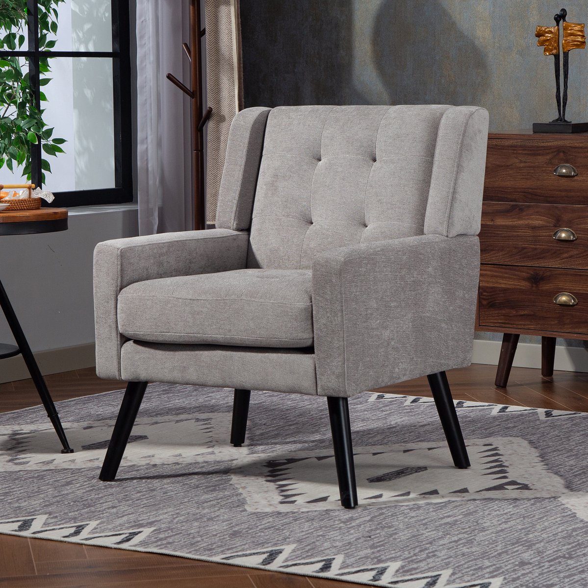 Wishdor Fauteuil - Lichtgrijs - Gevoerde zitting - Knopenrug - Armleuningen - Retro & vintage - Houten poten - 68 x 76 x 88 cm