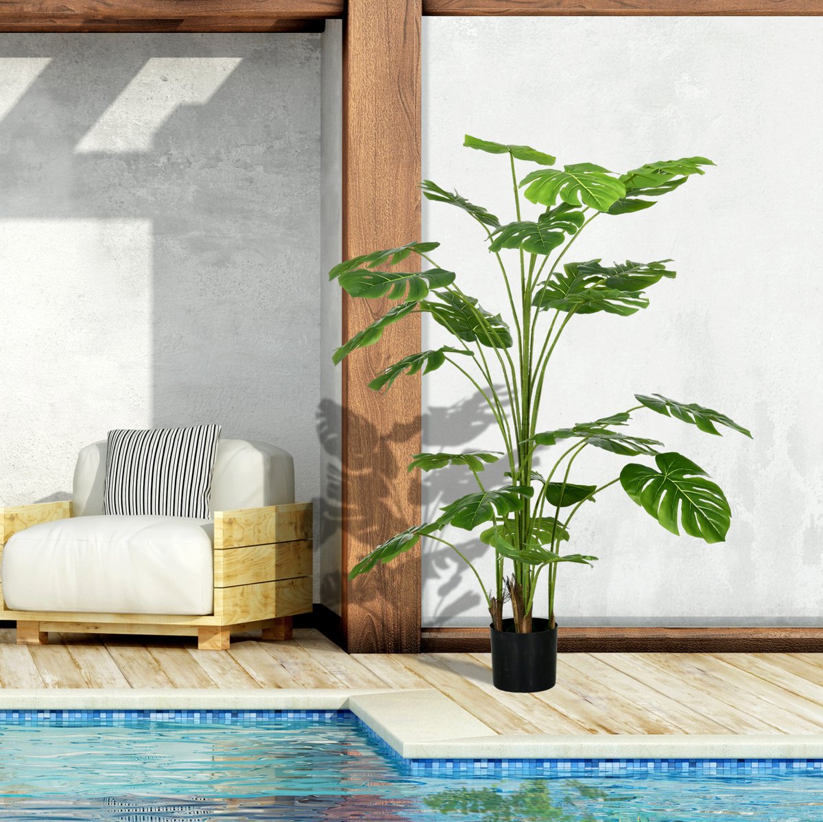 REDOM - Kunstplant Monstera Deliciosa - 24 takken - Voor binnen & buiten - Kunststof - Zwarte pot met kunstmos - Groen - 180 cm