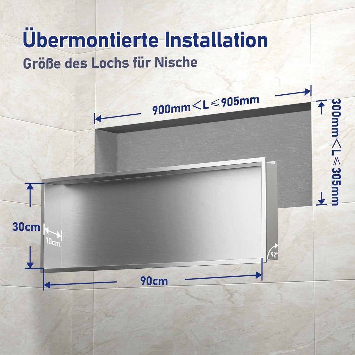 Bernkot roestvrijstalen douchebak 900mm x 300mm Geborsteld met LED-licht Waterdicht Geen tegels nodig Inbouwnis voor - ShopVlot