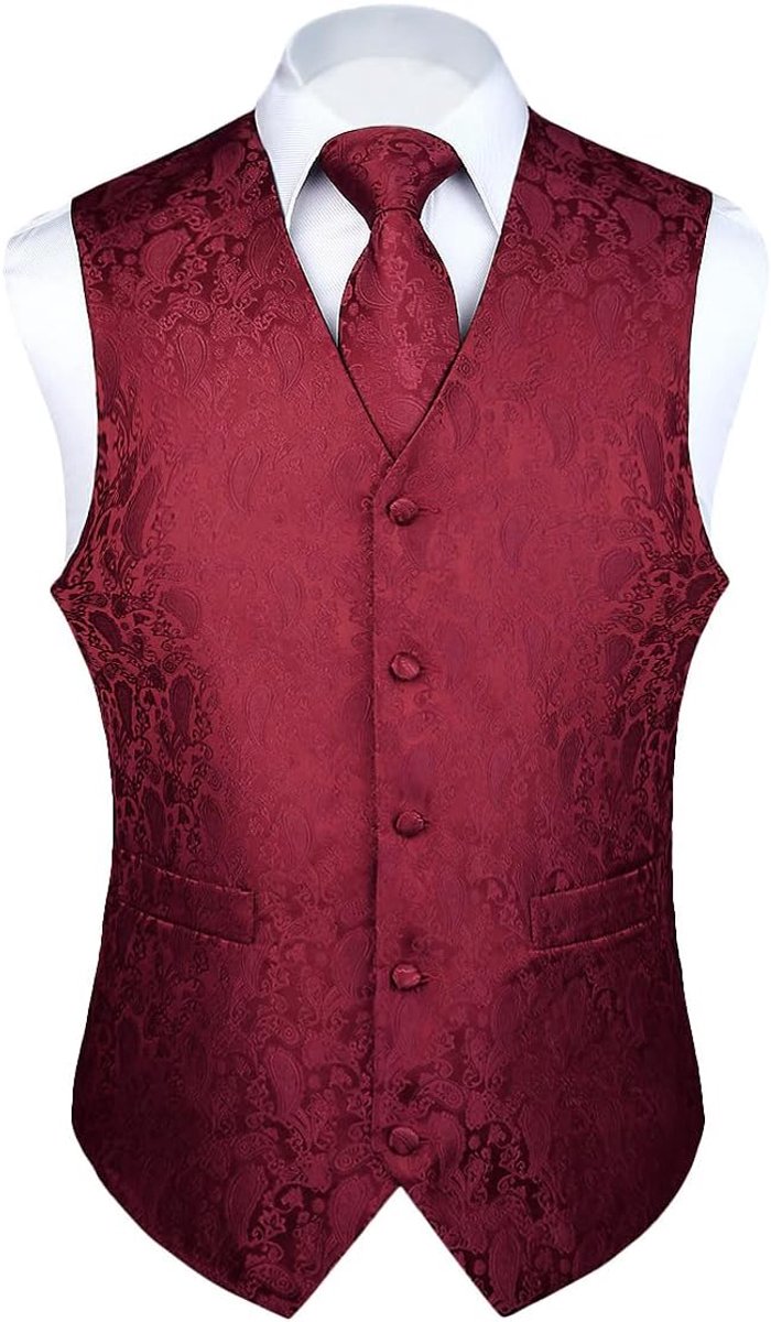 Gilet voor heren, paisley-gilet voor bruiloft, stropdas, pochet, bloemenpatroon, jacquard feestpak, set met gilet
