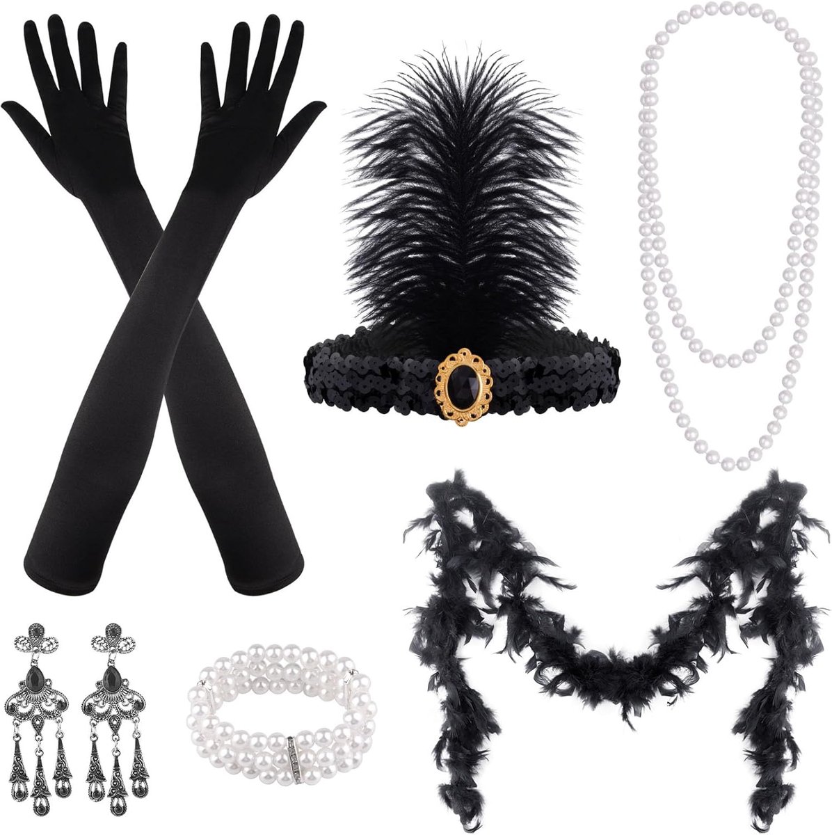 Accessoires, voor dames, 9-delig: flapper hoofdband, halsketting, oorbellen, lange zwarte handschoenen, boa (set G)