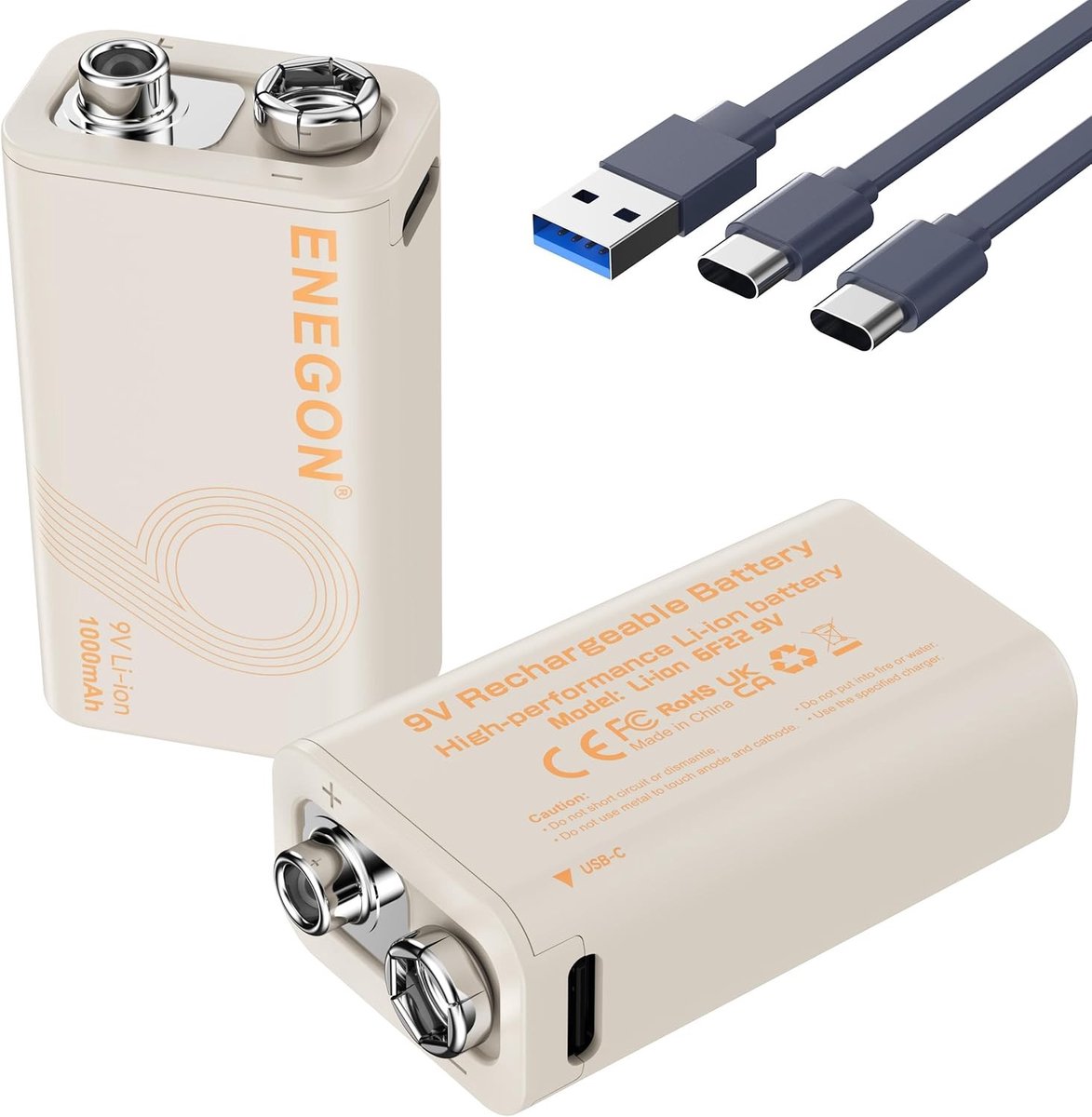 Oplaadbare 9V Lithium Batterijen met 9900mWh Capaciteit en USB-C Snellader, Perfect voor Rookmelders, Microfoons, Alarmsystemen en Speelgoed, 2 Stuks