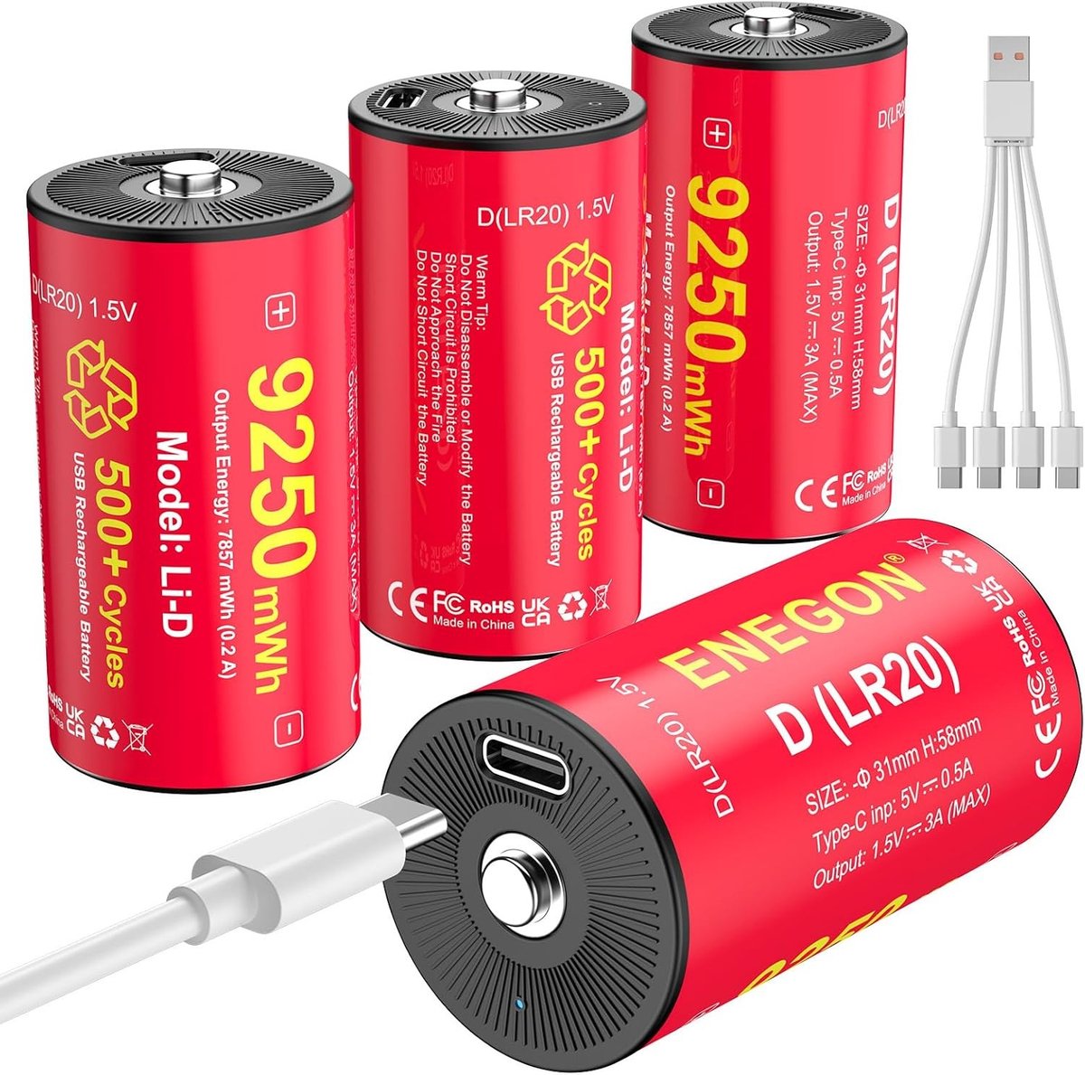 Oplaadbare D-batterijen set van 4 – 9250 mWh 1,5 V lithium D-cellen (LR20) met USB-C-oplaadkabel voor campinglampen, ledverlichting en speelgoedgebruik