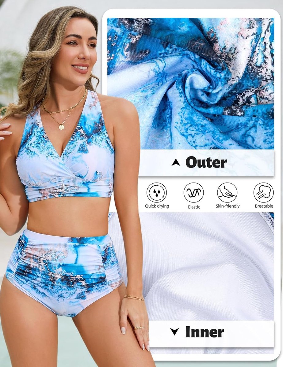 Dames hoog getailleerde 2-delige badpak bikinisets gewatteerde push-up buikcontrole badpakken vintage halter zwemkostuum strandkleding dames badmode, bloemen groen, S