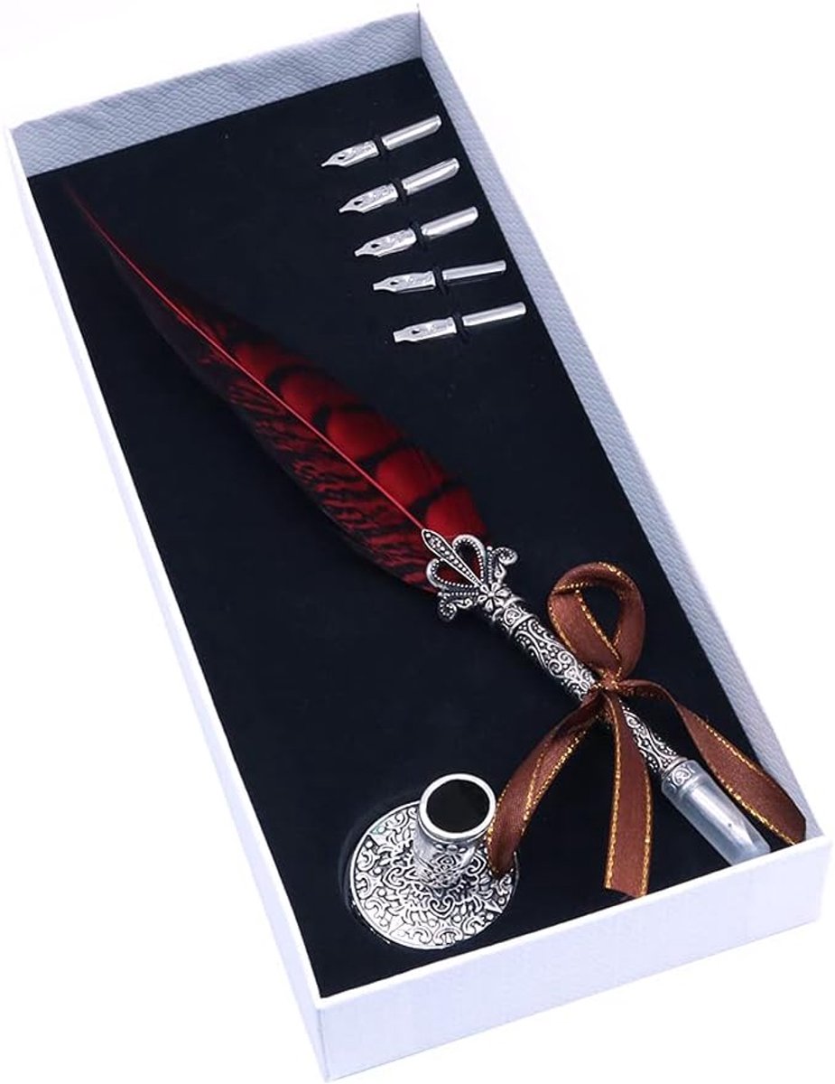 Pen Antieke Kalligrafie Pen Handgemaakte Veer Quill Pen Set Schrijven Quill Dip Pen met 5 Vervanging Penpunten Pen Nib Base in Gift Opbergdoos