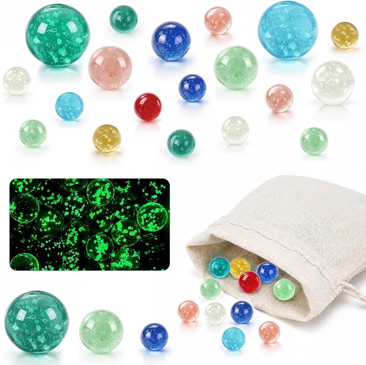 Set van 20 glazen ks - 16 mm/25 mm/30 mm - Lichten op in het donker - Met zak met trekkoord - Voor kspellen, knutselprojecten voor kinderen, binnenhuisdecoratie (groot)