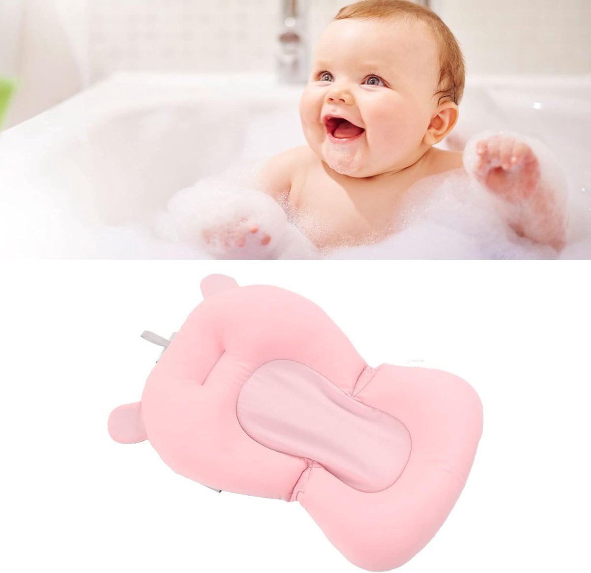 Babybadkussen, Drijvende Badmat voor Pasgeborenen Babybadzitje Kussen voor 0-12 Maanden Pasgeboren, Zachte Babybadkuip Zitkussen Supporter, Opvouwbare Verstelbare Badbed Douche Mat (Roze Beer)