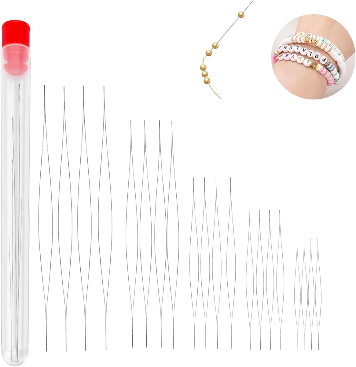 20 stuks grote oog-kraalnaalden, 5 maten, opvouwbare kraalnaalden, set met naald, zaadinering, kraalnaalden, lange rechte kralendraad, naalden voor het maken van sieraden