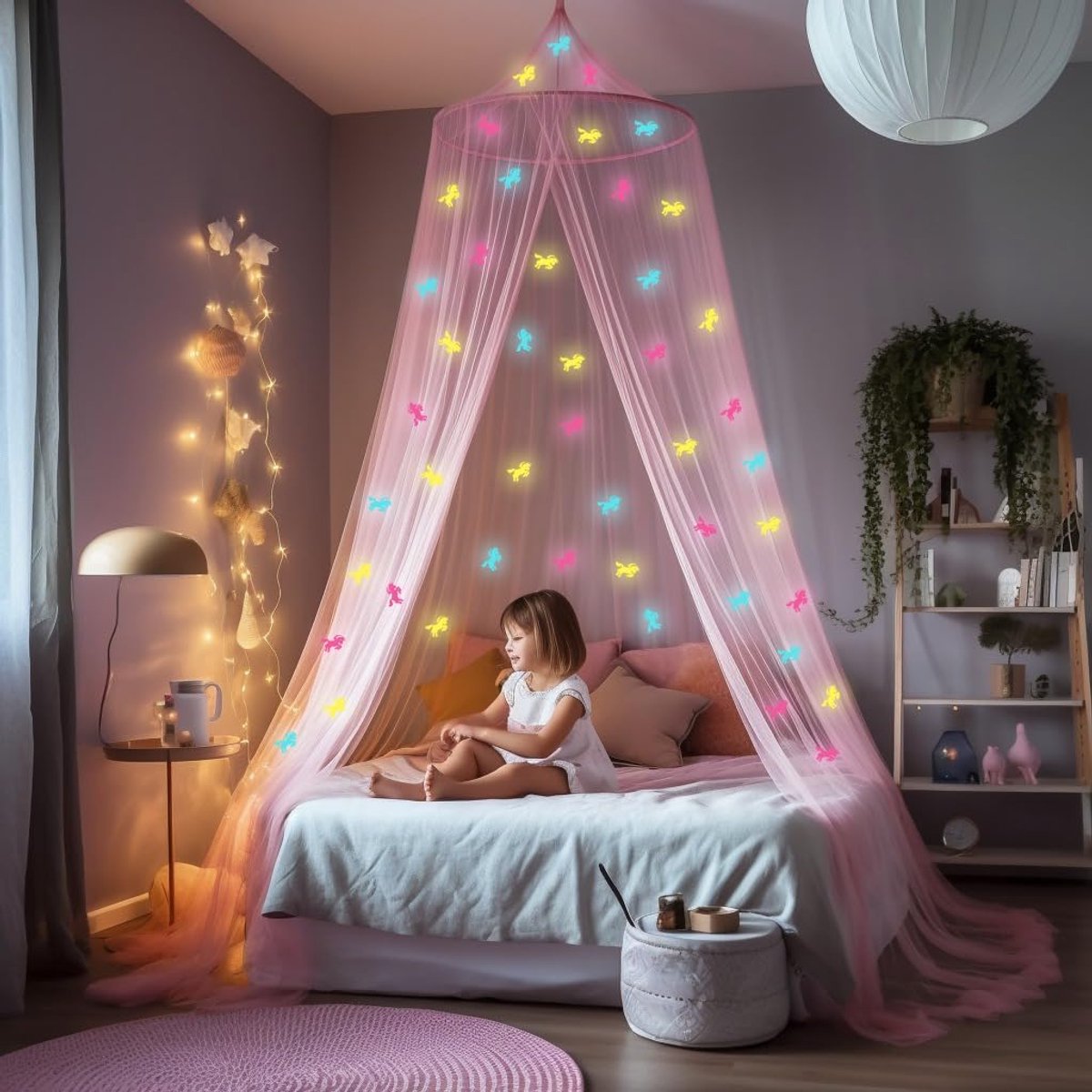 Klamboe met Glow in the Dark Eenhoorns - Hemelbed voor Kinderkamer | Prinsessen Hemeltje en Bedtent - Bedhemel Sluier & Baby Muggennet