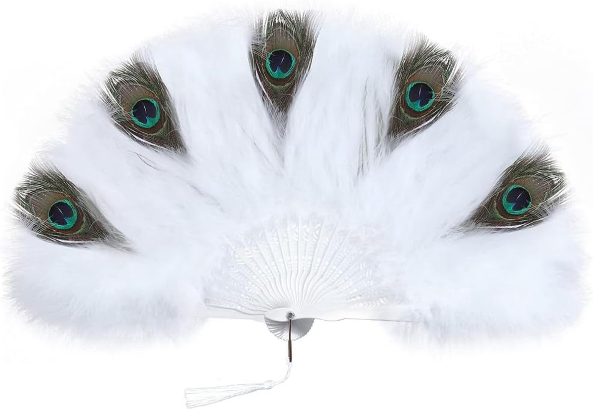 Waaier met veren, vintage waaier voor dames, met pauwenveer, handwaaier, vouwwaaier, accessoire, vouwwaaier voor bruiloft, dansen, carnaval, party, kostuum, decoratie, flapperacces