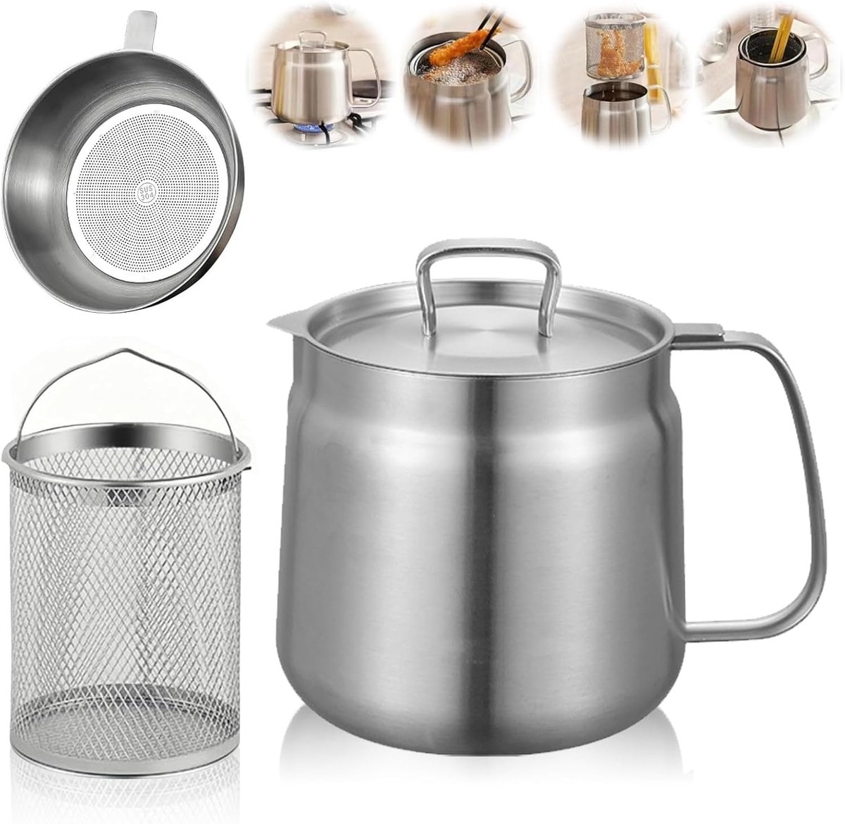 Frituurpan 1.5L, Frituurpan Met Zeef van Roestvrij Staal, Vetreservoir, Frituurmand Voor Pan Met Stofdicht Deksel, Oliereservoir Voor Het Bewaren Van Braden en Kookvet