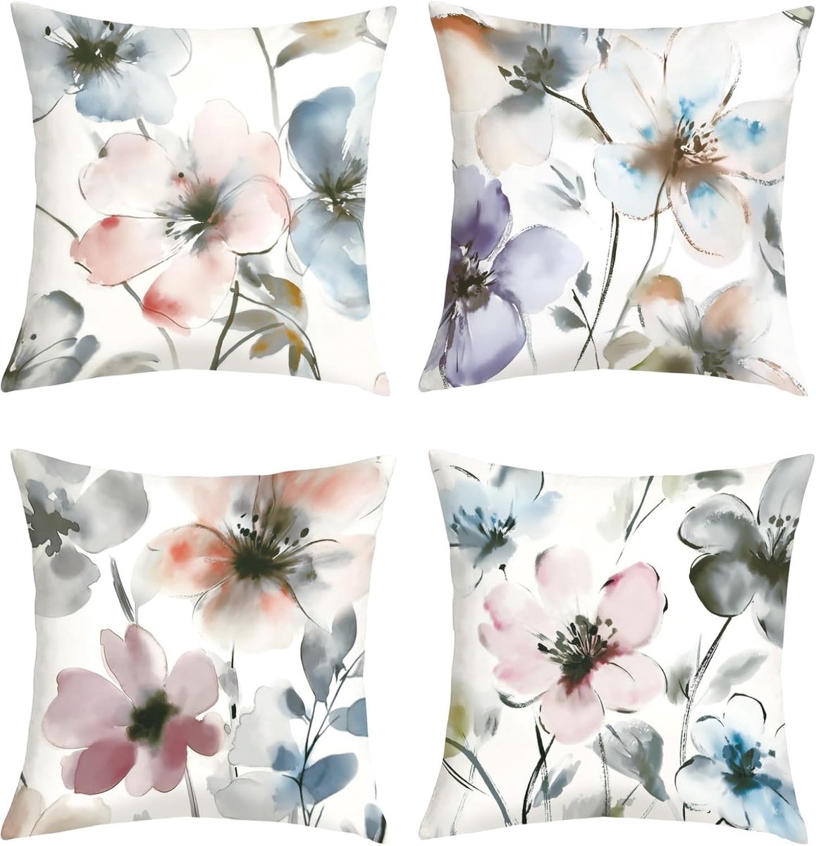 SnelShoppen - Watercolor Bloemen Kussenhoezen 45 x 45 cm Set van 4 Abstract Moderne Bloem Motieven Decoratieve Sofa Kussen met Verborgen Rits