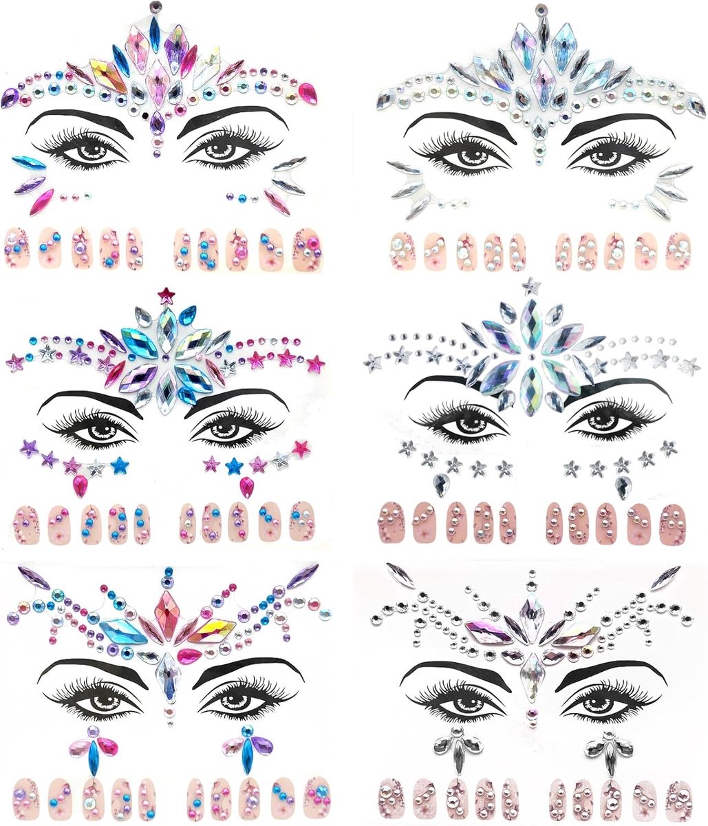 Tijdelijke Tatoeages, 6 stuks glitter gezicht edelstenen mit 6 sets van Nail Art Stickern, glitter stenen gezicht, bergkristallen gezicht stickers voor Raves, carnaval, maskerade, m