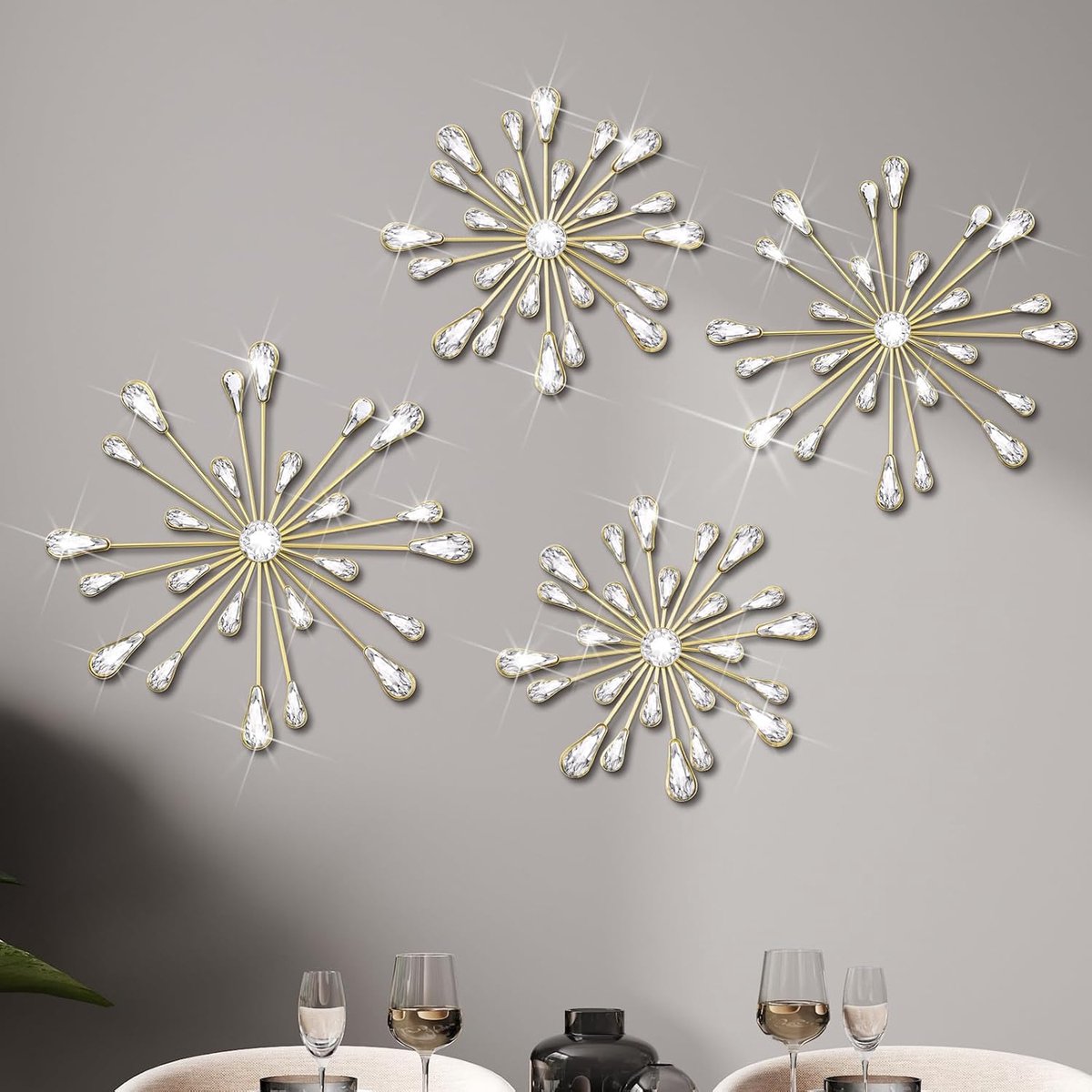 4 stuks Starburst wanddecoratie bling muurkunst kristal traan 3D opknoping strass radiaal metalen kunstwerk moderne accent sculpturen decoraties voor woonkamer thuiskantoor slaapkamer (goud)