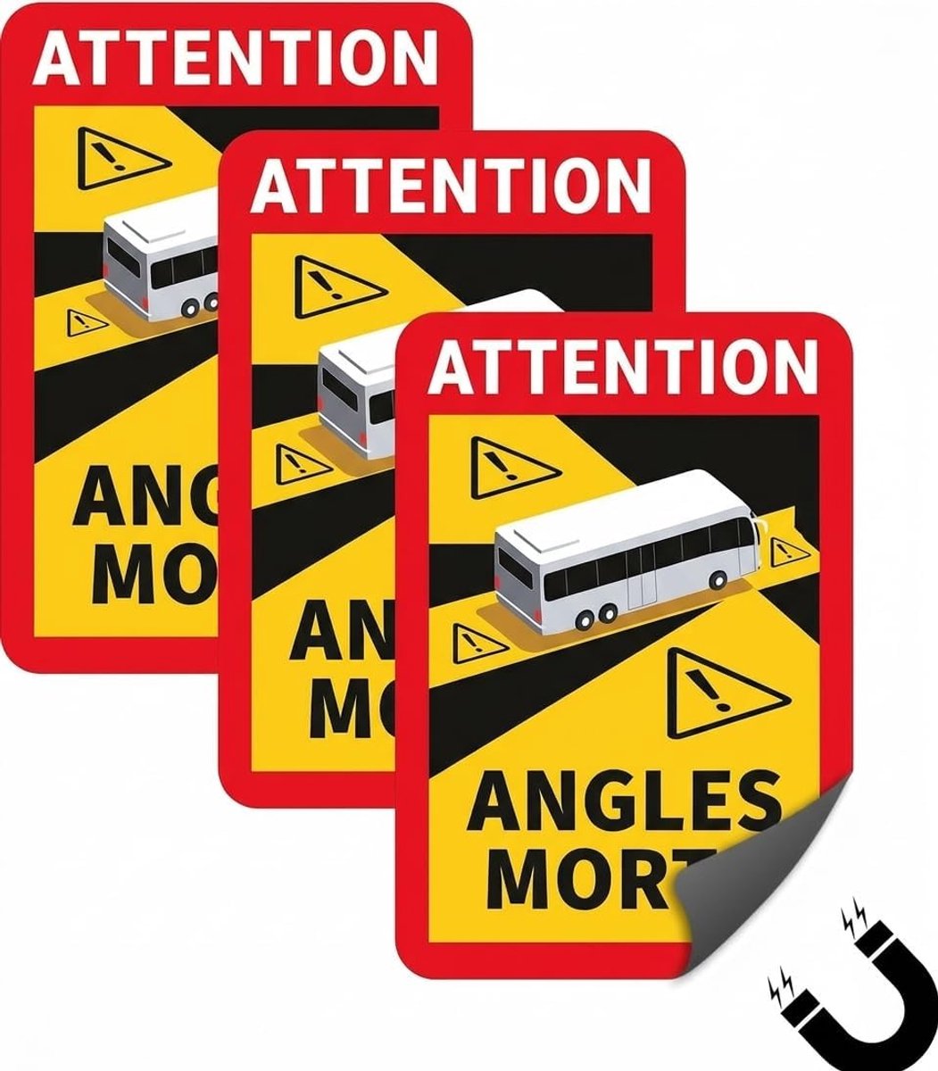 3 x magnetische stickers, zelfklevend, dode hoek, verplicht in Frankrijk voor zware voertuigen, 25 x 17 cm