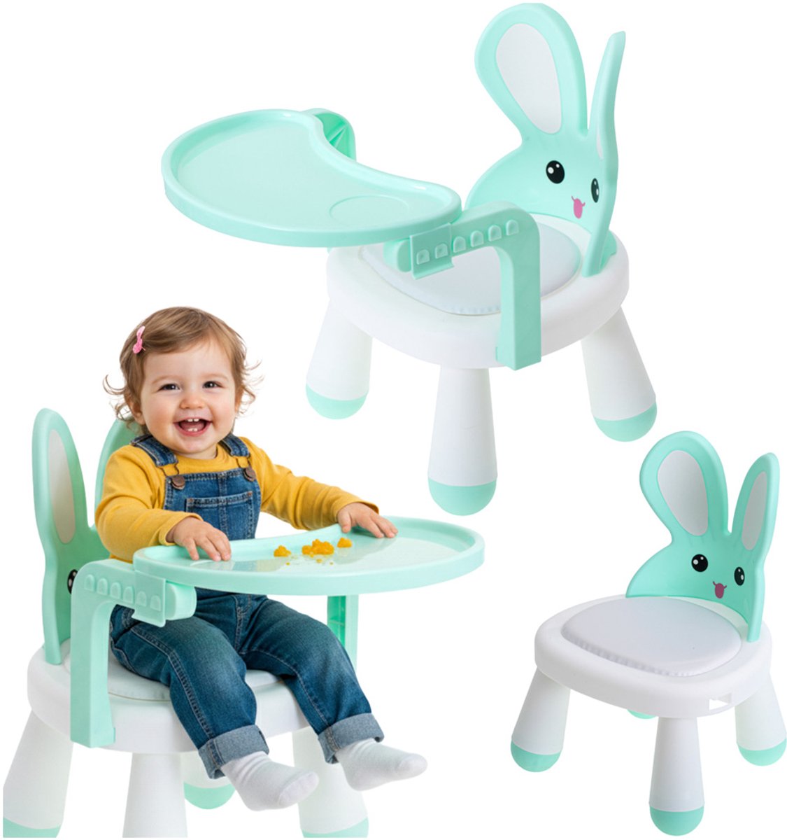 Baby Kinderstoel - Eetstoel - Tafel om te eten en spelen - Konijn - Wit/mint - Speeltafel