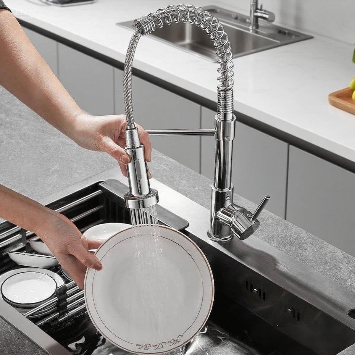Keukenkraan met 360° draaibare handdouche - zilver - met spiraalsprayer - voor flexibele reiniging - ShopVlot