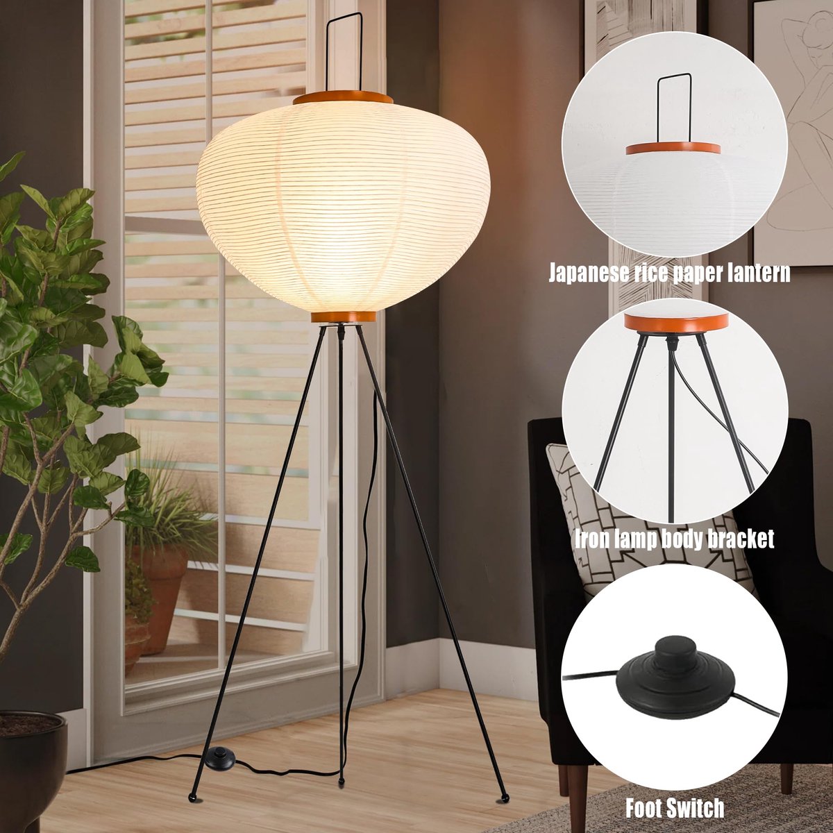SnelShoppen - LED Vloerlamp Woonkamer Papierlamp 120CM met Handgemaakte Lampenkap, Japanse Decoratie Staande Lamp voor Slaapkamer, Eetkamer met Voetsc